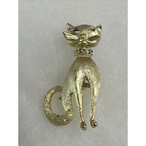 Vintage Gold Tone Cat Brooch With Rhinestones approximately 2” x 1”